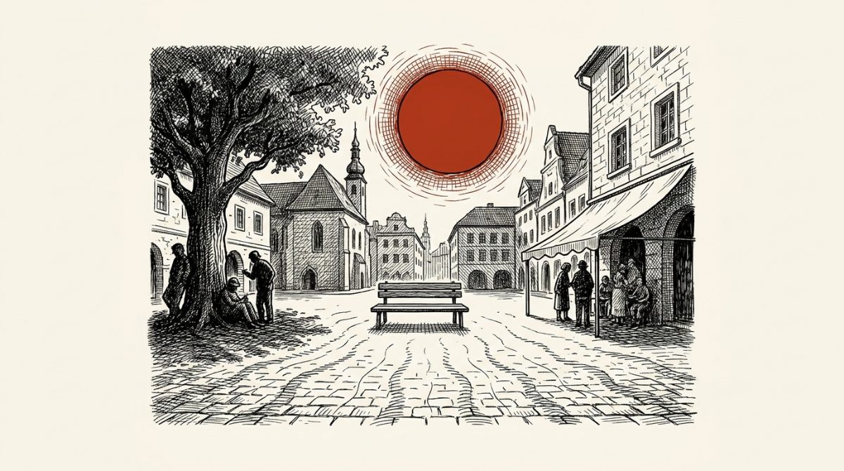 Kresba města v horkém dni — rozpálené ulice, lidé vyhledávající stín, nad nimi vysoké slunce.